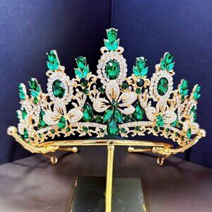 Princess Flower Crown, Floral Tiara, Birthday Party Crown, Green Crystal Tiara